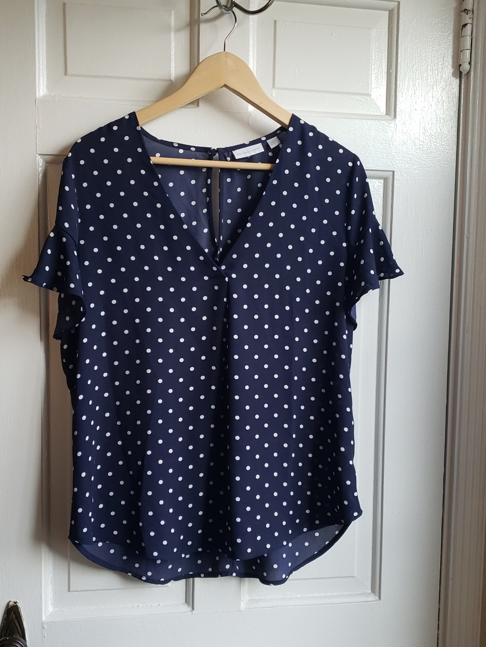 New York & Company Navy and White Polka Dot V-Neck Flutter Sleeve Blouse